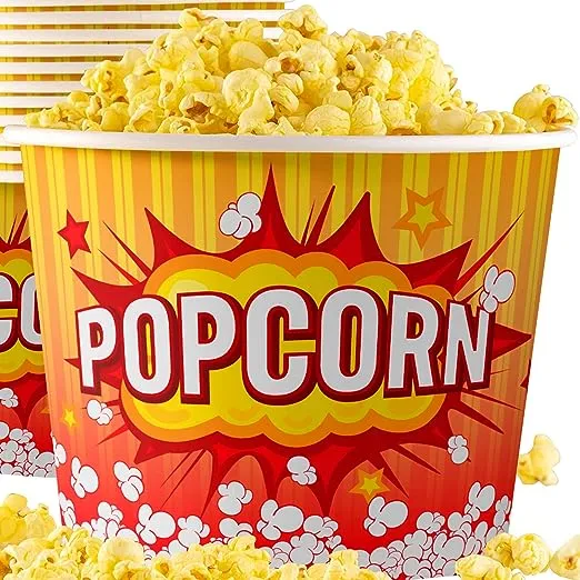 Greaseproof, Retro 85oz Popcorn Buckets 150 Pack. Reusable and Durable Pop Corn Tubs in Red Yellow. Large Disposable Containers Perfect For Movie Night, Theme Party, Theater, Carnivals & Fundraisers