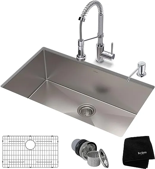 Kraus KHU100-30-1610-53CH Set with Standart PRO Stainless Steel Sink and Bolden Commercial Pull Faucet in Chrome Kitchen Sink & Faucet Combo, 30 Inch