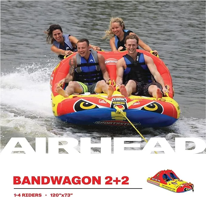 SportsStuff Bandwagon 2+2 Towable 1-4 Rider Tube for Boating and Water Sports, Kwik-Connect Tow, Heavy-Duty Full Nylon Cover & EVA Padding