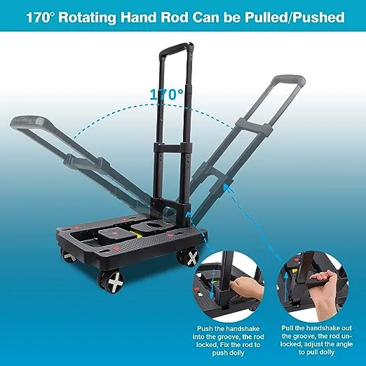 Portable Folding Hand Truck, 110 lbs Heavy Duty Luggage Cart with 4 Rotate Wheels, Hand Truck Dolly Foldable, Utility Cart with Adjustable Handle for Luggage Travel Shopping Moving Office Use