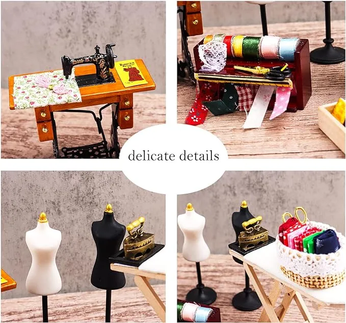 1 :12 Scale Miniature Sewing House Scene Model Accessories Simulation Vintage Sewing Machine, Sewing Box, Ironing Board