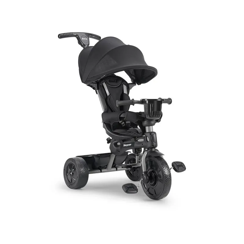 Joovy Tricycoo 4.1 Kids Tricycle with 4-Stages Featuring Extra-Wide Front Tire, Removable and Adjustable Parent Handle, Safety Harness, Machine-Washable Seat Pad, and Retractable Canopy (Black)