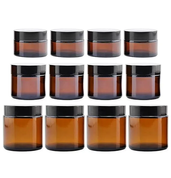 Cornucopia 1, 2 & 4-Ounce Amber Glass Straight Sided Jars (Combo Pack, 4 Each / 12 Total); Great Containers for Cosmetics, Lotions, Body Scrubs & Balms