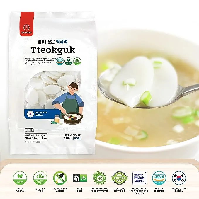 Korean Sliced Rice Cake – Chewy Tteok, Rice Cake Soup, Vegan and Gluten Free Non-GMO 떡국떡, by Somshi, 3 Individual Packs (3 Count, Pack of 1)