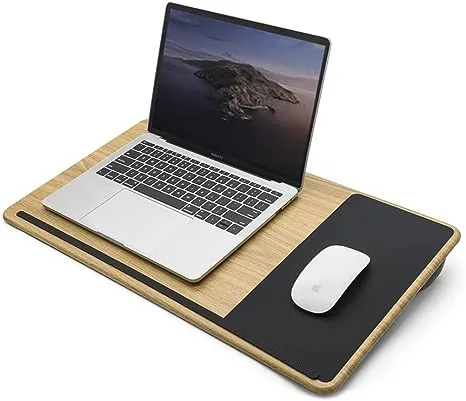 Portable Engineered Wood Lap Desk with Soft Cushion for Home Office, Lap Holder with Wrist Rest, Bed Tray Laptop Stand with Pillow, Work from Home Laptop Accessory (Large-Wood Pattern)