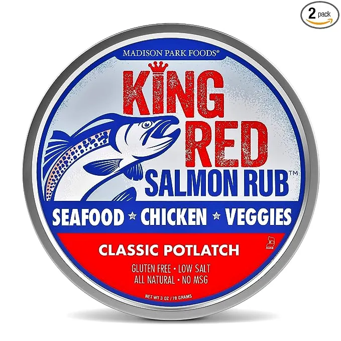 King Red Potlatch Salmon Rub - Gourmet Seafood Seasoning and Classic Dry Grilling Spices - All Natural, Keto, Gluten Free, Low Salt, No MSG, Madison Park Foods + Made in USA, 3 Ounce Spice Tin