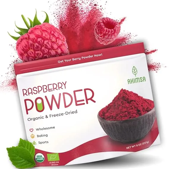 Ahimsa Organic Freeze Dried Raspberry Powder 8 oz | USDA Certified | Smoothie and Backing Powder | Organic Raspberry Fiber Juice Powder | Rich of Potassium | Raspberries Fresh Freeze Dried Powder