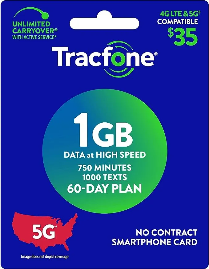 Tracfone $35, 750 Min, 1000 Text, 1 GB Data 60–Day Plan [Physical Delivery]