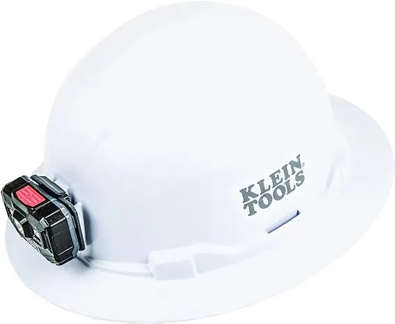 Klein Tools 60406RL Hard Hat, Rechargeable Headlamp, Non-vented, Full Brim Style, Padded Self-Wicking Odor-Resistant Sweatband, Tested up to 20kV, White