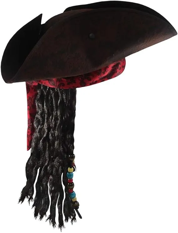 Nicky Bigs Novelties Child Buccaneer Caribbean Tricorn Pirate Hat Dreadlocks Hair Costume Cap Brown