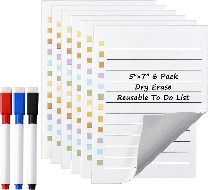 Mornajina 6pcs Dry Erase to Do List 5x7 inch, Whiteboard Stickers for Wall with 3 Markers, Reusable Lined Stickies Planner to Do List, Suitable for