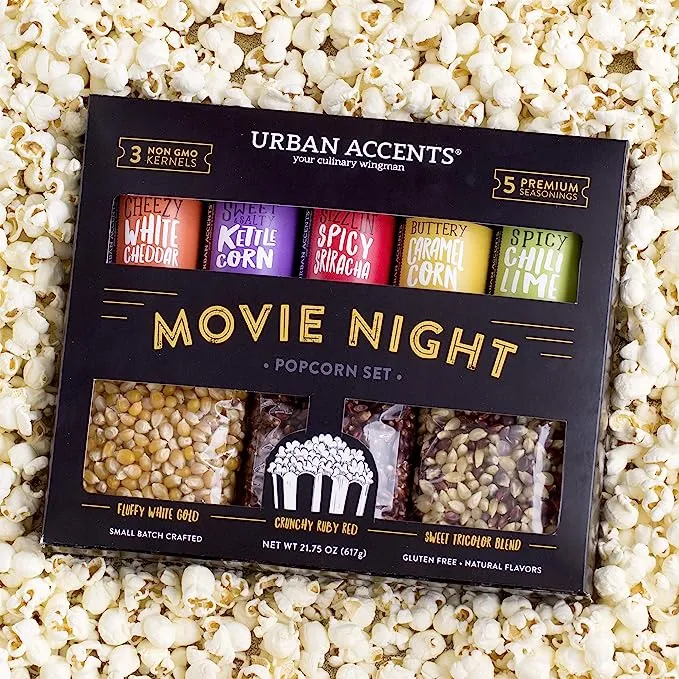 Urban Accents MOVIE NIGHT Popcorn Kernels and Popcorn Seasoning Variety Pack (set of 8) - 3 Non-GMO Popcorn Kernel Packs and 5 Gourmet Popcorn Snack Seasoning