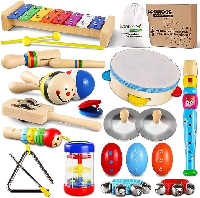 LOOIKOOS Toddler Musical Instruments Set Wooden Percussion Instruments Toy for Kids Baby Preschool Educational Musical Toys for Boys and Girls with Storage Bag