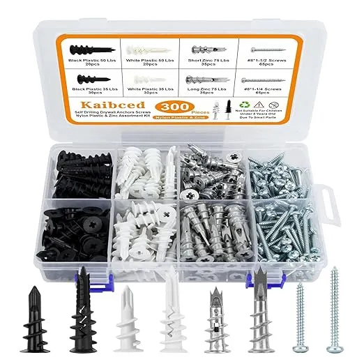 300 PCS Dry Wall Anchors, Self Drilling Wall Anchors and Screws for Drywall, Sheetrock, Hollow Door, Plaster Wall, Wall Anchors and Screws for Drywall with Organizer Box