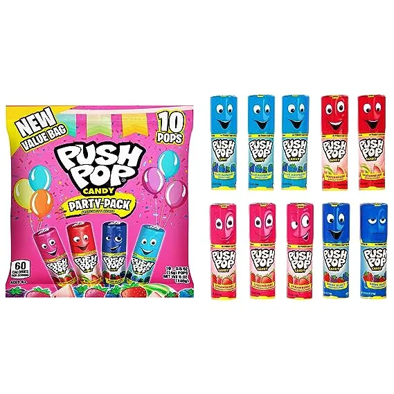 Push Pop Candy Lollipops - Lollipop Variety Bulk Party Pack - 10 Count Individually Wrapped Lollipop Candy in Assorted Flavors - Fun Non Melting Candy for Gifts, Party Favors, Birthdays, Pantry