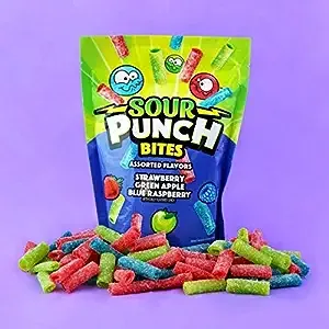 Sour Punch Bites, Blue Raspberry, Apple & Strawberry Flavors, Soft & Chewy Candy, 9oz Bag (12 Pack)