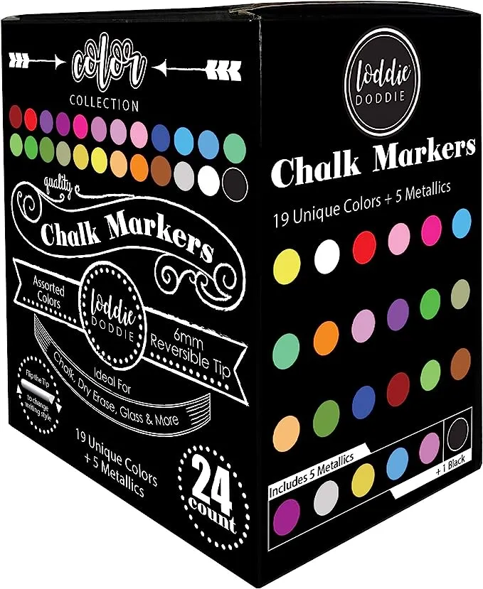 Loddie Doddie Liquid Chalk Markers - Pack of 24 - Dust Free, 1mm Fine Point Chalk Markers for Blackboards, Windows & Glass - Glass Marker - Erasable Ink Chalkboard Markers Pen - Chalk Pen