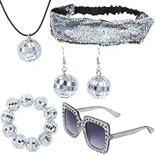 5 Pieces 1970s Disco Accessories Disco Set Ball Earrings Necklace Bracelet Bling Headband and Sunglasses for Women, Silver 1