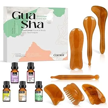 Gua Sha Facial Tools and Massage Oil Set, Natural Amber Stone GuaSha Massage Tool for Face and Body Massage, Skin Scraping Lifting and Firming, Back and Neck Release Reduce Muscle Pain (12 in 1)