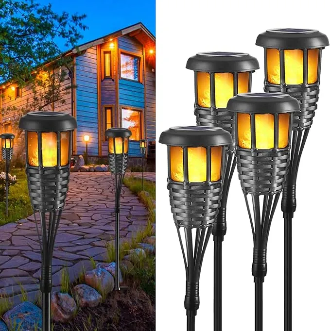 Solar Torch Light with Flickering Flame, 4 Pack Waterproof Bamboo Torches Hand-Woven Rattan Solar Tiki Torches for Outside Patio Yard Garden Lawn (Black-4 Pack)