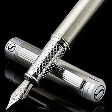 Scriveiner Stainless Steel Fountain Pen - Stunning Luxury Pen with Steel Finish, Schmidt Steel Nib (Medium), Pen Gift Set for Men & Women, Professional, Executive Office, Nice Designer Pens