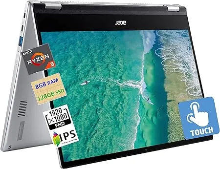 acer 2023 Newest Spin 514 2-in-1 Convertible Chromebook,AMD Ryzen 3 3250C (Up to 3.5GHz),14/'' FHD IPS Touchscreen,8GB RAM,128GB eMMC,WiFi,Backlit Keyboard,12+ Hours,Chrome OS +MarxsolCables,Silver