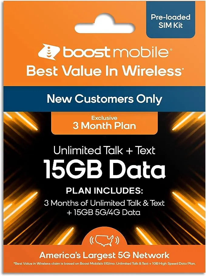 Boost Mobile Prepaid SIM Card | Unlimited Talk & Text | 3 Month 15 GB Data Plan for Unlocked Cell Phones | Pay As You Go I No Contracts