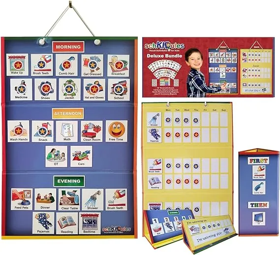 SchKIDules Deluxe Magnetic Visual Schedule & Reward Chart w/189 Colorful Magnets & Reversible 18” Folding Board for Daily Routines, Chores, Behavioral Supports, Kids Calendar, ADHD & Autism Icons