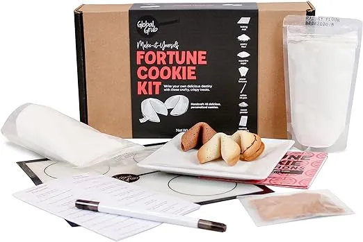 Global Grub DIY Fortune Cookie Kit - Personalized Fortune Cookies Kit Includes Pastry Flour, Sugar, Cocoa Powder, Baking Mat, Paper Fortunes, Edible Ink Pen, Step-by-Step Instructions. Makes 48.