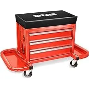 DNA MOTORING TOOLS-00261 3-Drawer Chest Rolling Mechanic Seat with Tool Trays,350lbs Max Weight Capacity,Red