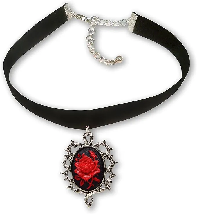 Gothic Red Rose Cameo Black Velvet Choker Adjustable Size Cosplay Jewelry