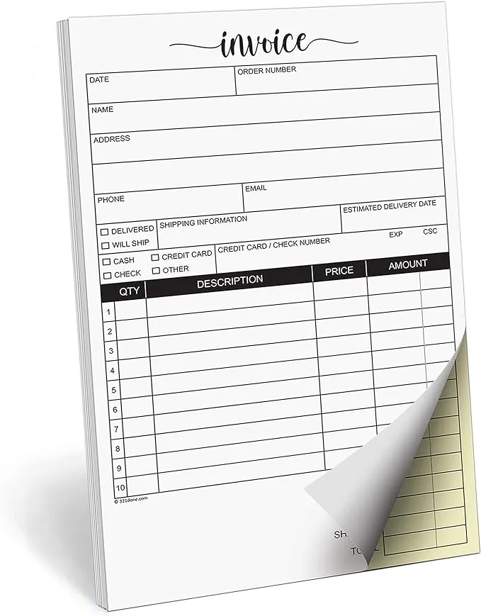 321Done Invoice Pad, 5.5x8.5 Small 2-Part Carbonless, Made in USA, Carbon Copy Sales Receipt Book Purchase Order Form for Small Boutique Craft Business (50 Sets) White/Yellow, Thick Paper