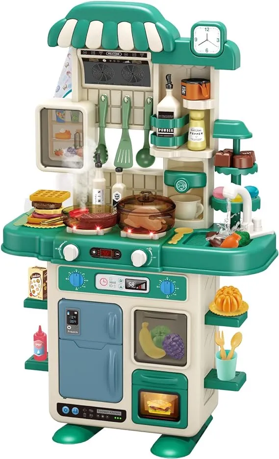 Deejoy 49Pcs Kitchen Playset with Egg Steamer, Kid Play Kitchen with Realistic Lights & Sounds, Simulation of Spray and Sink, Pretend Food Toys Kitchen for Toddlers (Green)