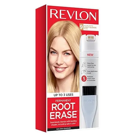 Revlon Permanent Hair Color, Permanent Hair Dye, At-Home Root Erase with Applicator Brush for Multiple Use, 100% Gray Coverage, Light Blonde (9), 3.2 Fl OzRevlon Permanent Hair Color, Permanent Hair Dye, At-Ho…