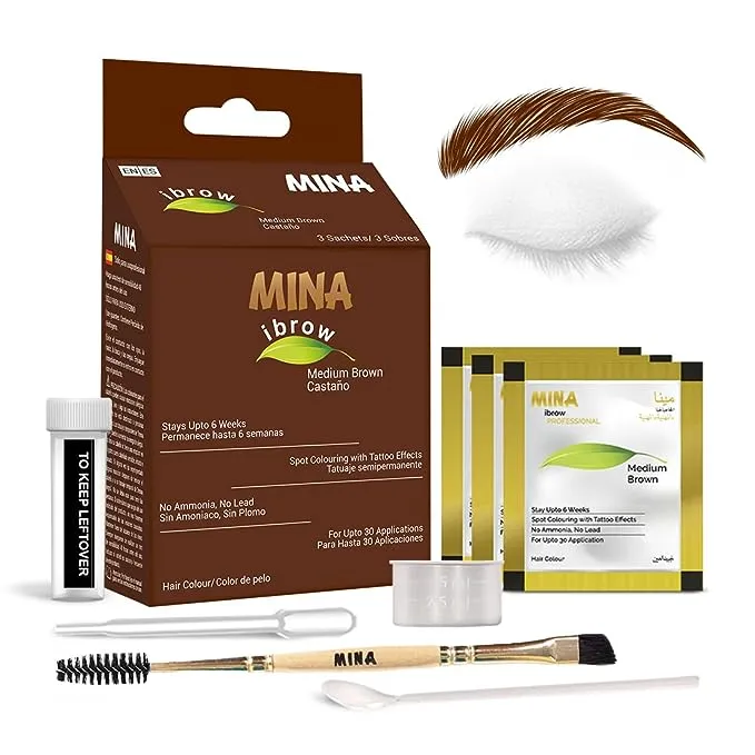 MinaiBrow Medium Brown Natural Brow Coloring Tinting Powder | Smudge Proof Instant Dye Kit with Duo Angled Brush