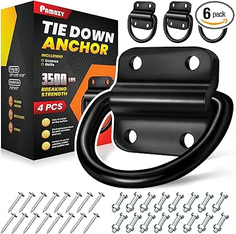 PAMAZY 4PCS Heavy Duty Steel D Rings Tie Down Anchors, Ultra Durable 3500 Pound Breaking Strength Surface Mount Hooks Securing Cargo for Trailer, Truck Bed, with Screws & Bolts