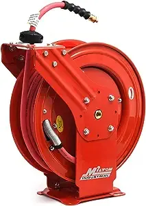 MILTON Strength Air Hose Reel w/Auto- Retractable Steel Dual Arm, 3/8" MNPT x 50 ft. Hybrid Rubber Hose - 300 Max PSI, Red - 2770-50D