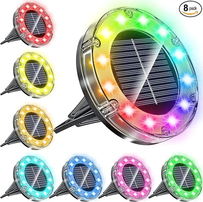 NFESOLAR Solar Ground Lights Outdoor Waterproof, New Structural Design Multicolor Lights Solar Lights Outdoor with 12 LEDs, for Outside Pathway Walkway Patio Yard Lawn (8 Packs)