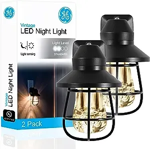 GE LED Vintage Night Light, Plug-in, Dusk-to-Dawn, Farmhouse, Rustic, Home Décor, UL-Certified, Ideal Nightlight for Bedroom, Bathroom, Kitchen, Hallway, 44737, Black, 2 Pack