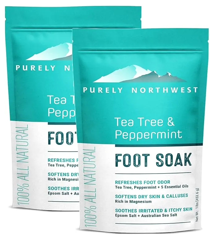 PURELY NORTHWEST-Tea Tree Oil & Peppermint Foot Soak with Epsom Salt-for Stubborn Foot Odor, Athletes Foot Burning & Itching, Damaged Discolored Nails-A Natural Callus Remover 16 Ounces