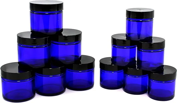 1 &amp; 2oz Cobalt Blue Glass Straight Sided Jars with Black Lids Included 12pk