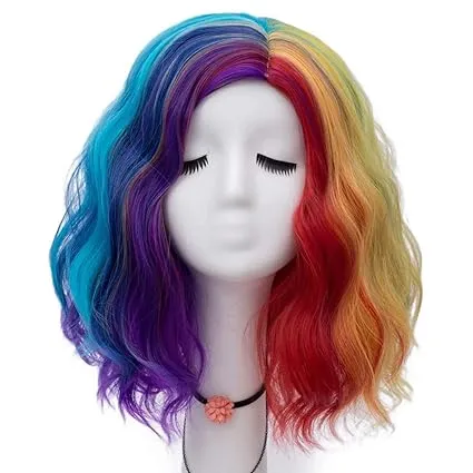 Women 16 Inches Middle Length Water Wave Rainbow Colorful Fashion Daily Cosplay Wig