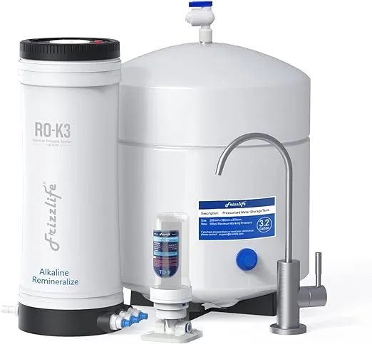 Frizzlife ROK3-A Reverse Osmosis Water Filter System, No Power Required - Alkaline & Remineralization, 1:1 Pure to Drain, 100 GPD, USA Tech Support