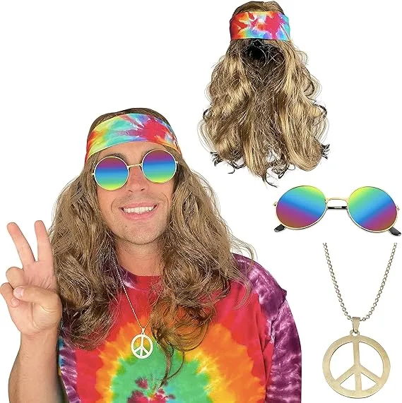 - Hippie Costume Set, Brown Wig, Tie Dye Headband, Rainbow Sunglasses, and Pe...