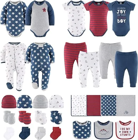 The Peanutshell Boy Stuff Newborn Layette Set for Baby Boys, 30-Pieces, Blue/Red, 0-3 Months