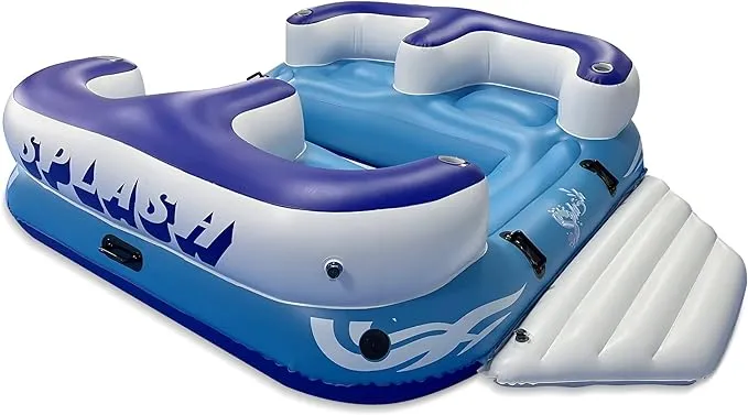 SereneLife Inflatable 4- Person Floating Island Raft, Party Island Raft w/ 4 Drink Holders, Use for Lounging on Lake, Beach River or Pool