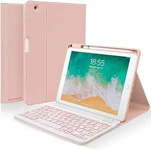 BLUTLOTUS Keyboard case for iPad 9.7 Inch Air 2, iPad 5th/ 6th Generation (2017/2018) with Keyboard Detachable, 7 Color Wireless Backlit Keyboard, Smart Folio Cover with Pencil Holder(Pink)