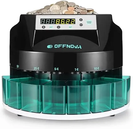 OFFNOVA Electric Automatic Coin Sorter & Change Counter Machine, Coins up to 300 Coins Per Minute, Large LED Digital Display, Supports All Denomination of US Coins