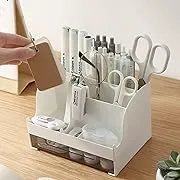 Saikvi Pen Holder Pencil Cup Holder All in One Desktop Organizer with Drawer, Organizer Pencil Holder for Desk Office and School White