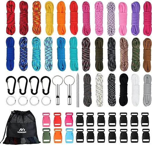 MONOBIN Paracord Combo Kits - 550 Type III Parachute Cord - Bracelet Crafting Kits, Survival Rope Making lanyards,Dog Collar,Bracelet